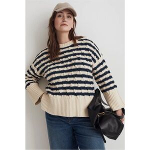 Madewell cable knit navy and cream oversized sweater